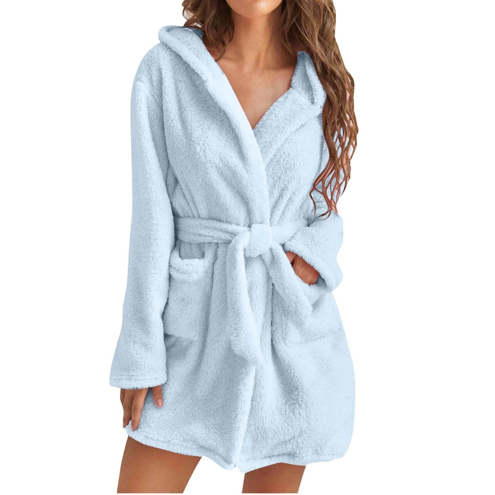 Women's Winter Warm Bathrobe Flannel Robe Coral Fleece Hooded Loungewear New