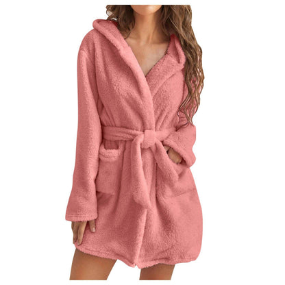 Women's Winter Warm Bathrobe Flannel Robe Coral Fleece Hooded Loungewear New
