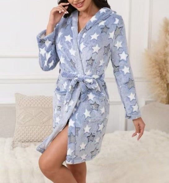 Women's Winter Warm Bathrobe Flannel Robe Coral Fleece Hooded Loungewear New