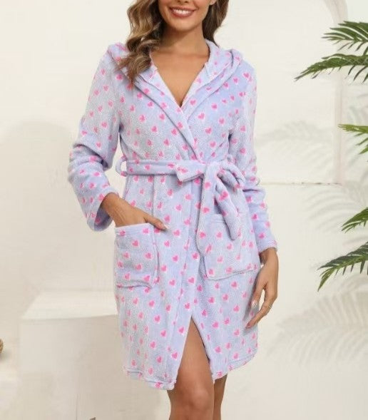 Women's Winter Warm Bathrobe Flannel Robe Coral Fleece Hooded Loungewear New