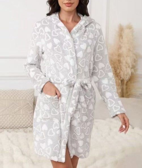 Women's Winter Warm Bathrobe Flannel Robe Coral Fleece Hooded Loungewear New