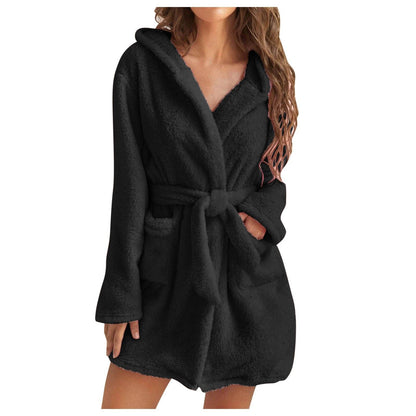 Women's Winter Warm Bathrobe Flannel Robe Coral Fleece Hooded Loungewear New