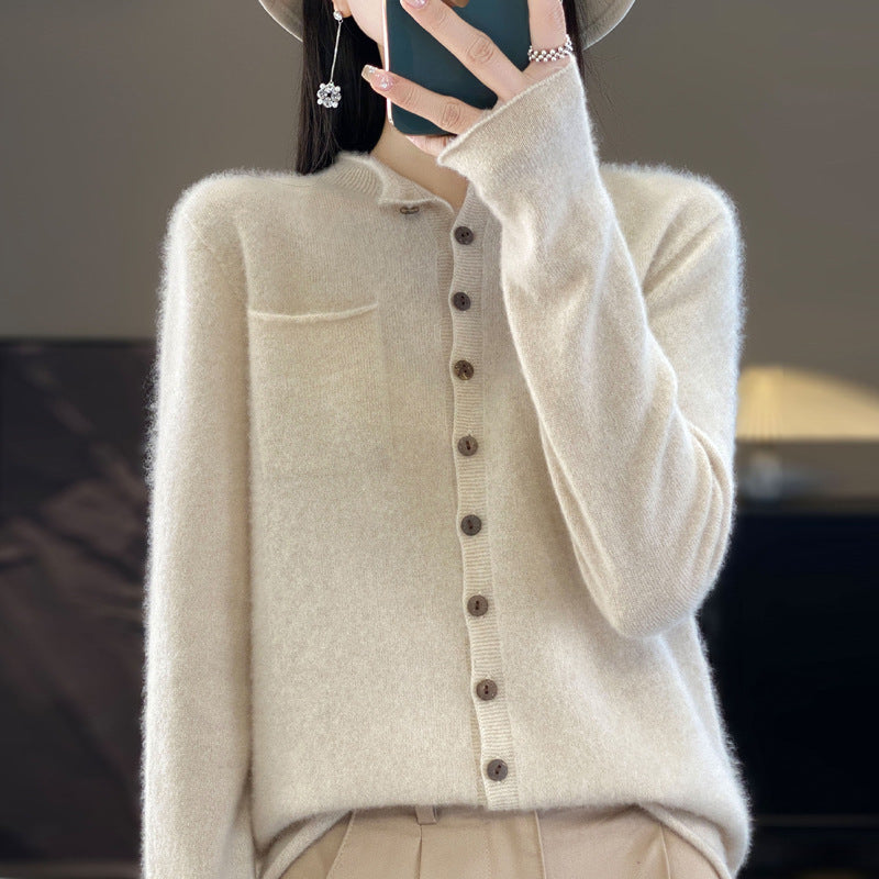 Women's Wool Cardigan with Rolled Edge Pockets