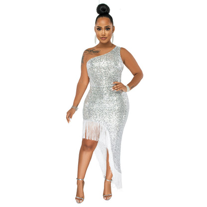 Women Sequin Tassel Irregular One Shoulder Dress