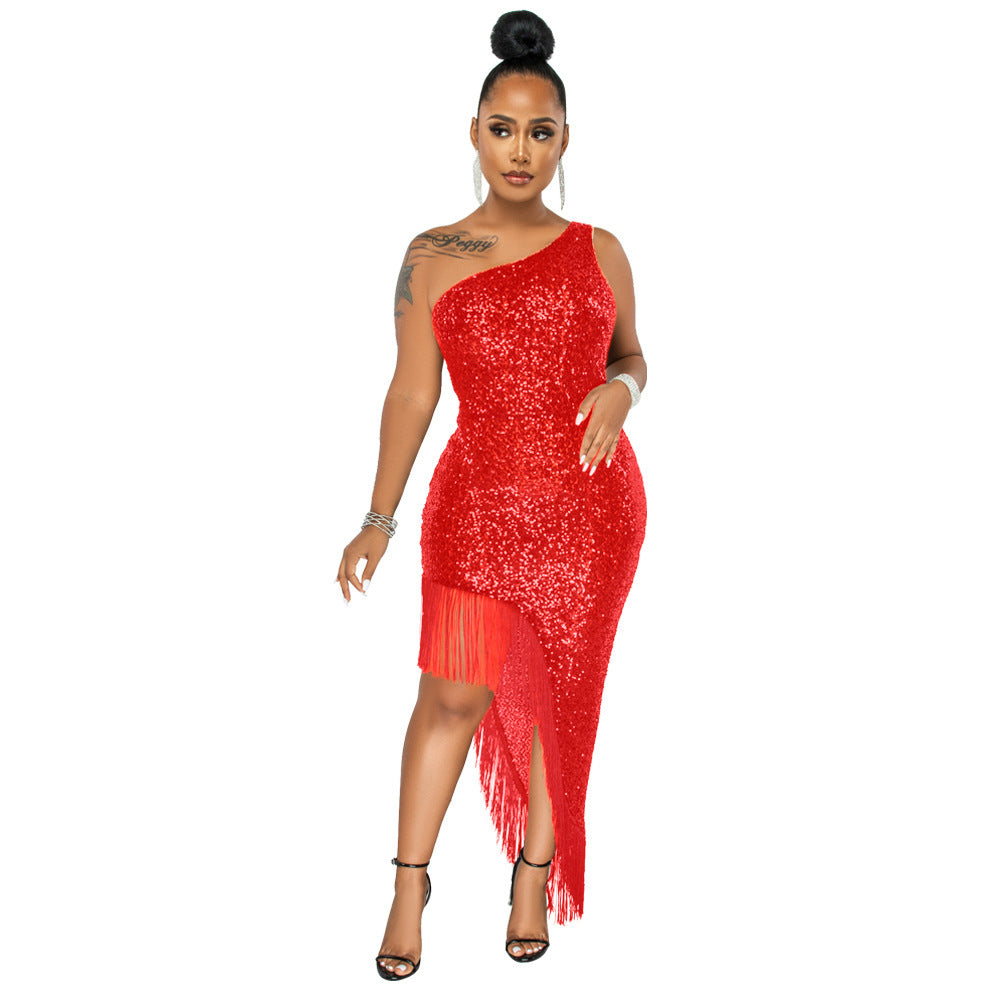 Women Sequin Tassel Irregular One Shoulder Dress