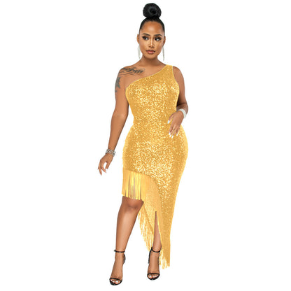 Women Sequin Tassel Irregular One Shoulder Dress