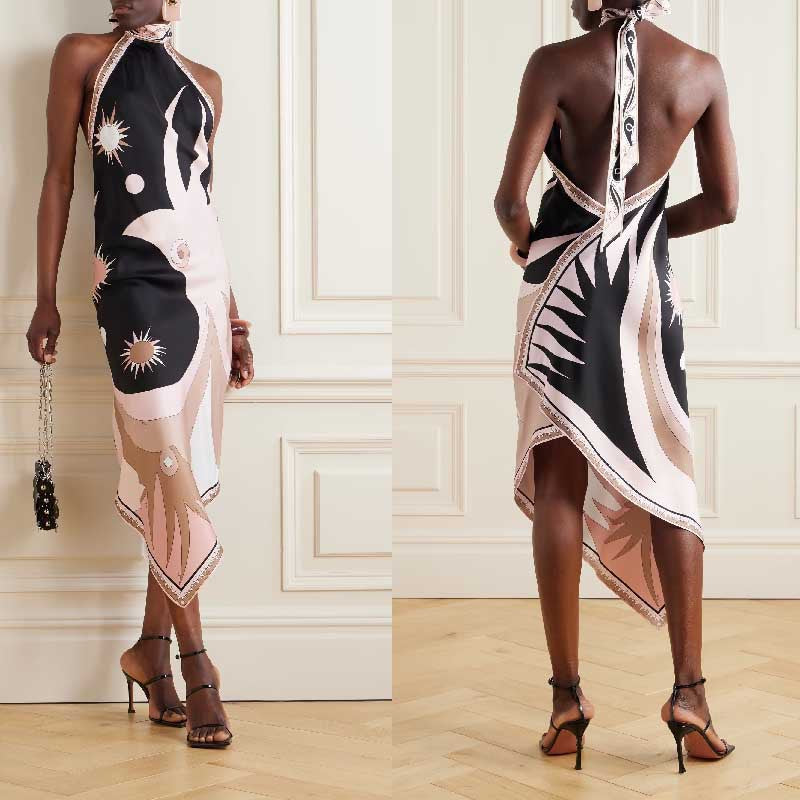 Women Sexy Halter Backless Printed Satin Dress Summer Vacation
