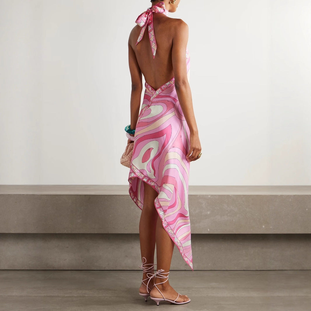 Women Sexy Halter Backless Printed Satin Dress Summer Vacation