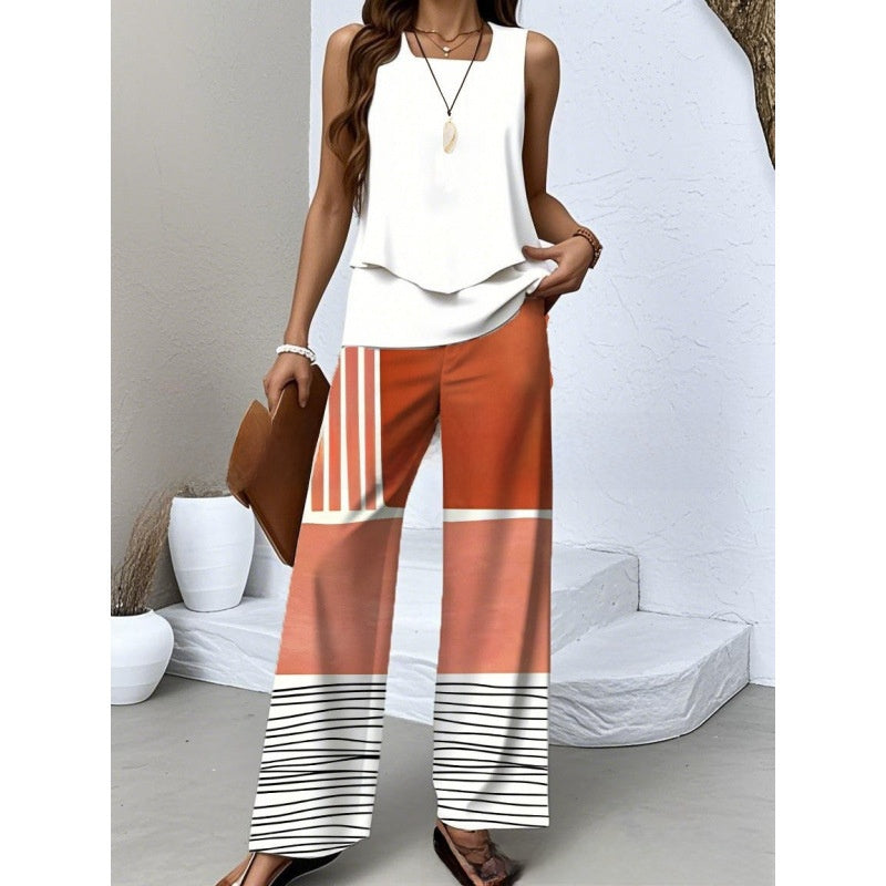 Women Sleeveless Floral Print Vest and Pants Set