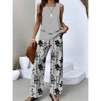 Women Sleeveless Floral Print Vest and Pants Set