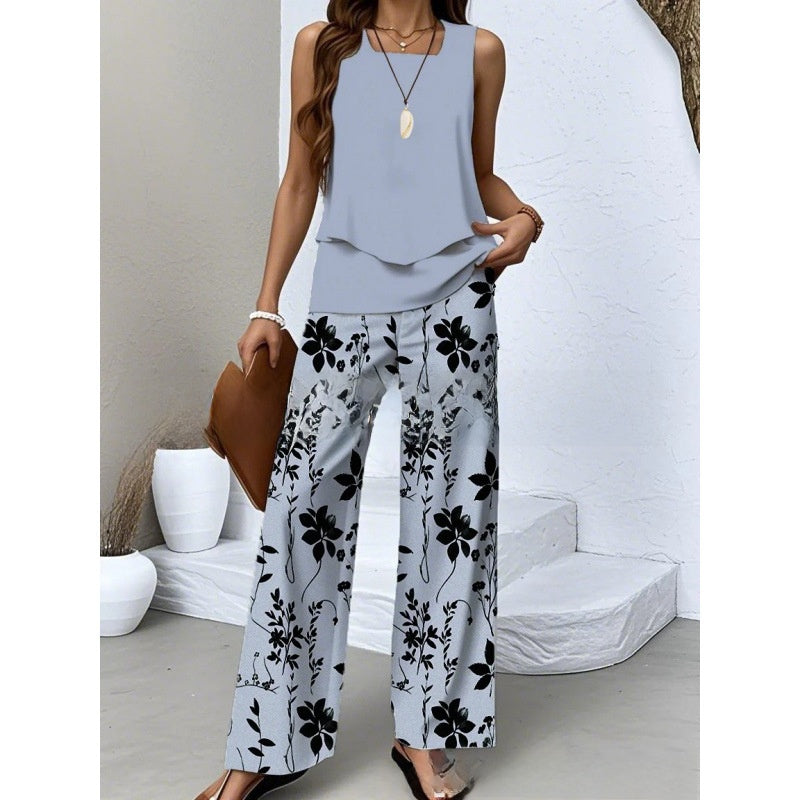 Women Sleeveless Floral Print Vest and Pants Set