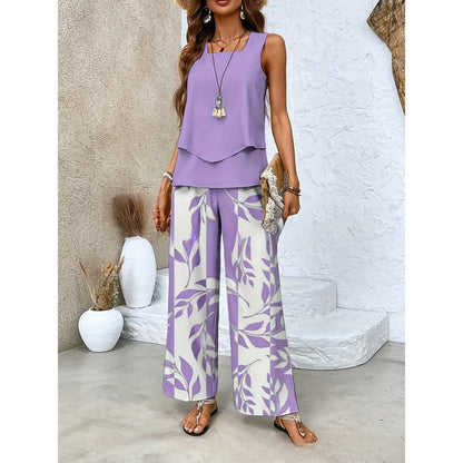 Women Sleeveless Floral Print Vest and Pants Set