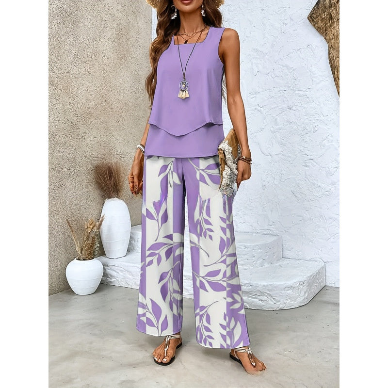 Women Sleeveless Floral Print Vest and Pants Set