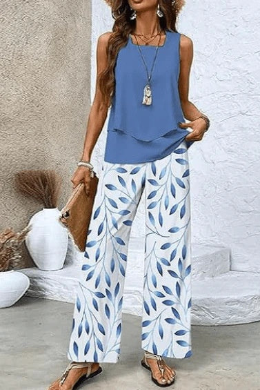 Women Sleeveless Floral Print Vest and Pants Set