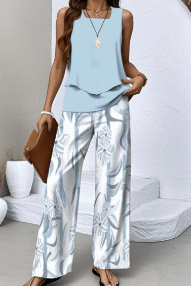 Women Sleeveless Floral Print Vest and Pants Set