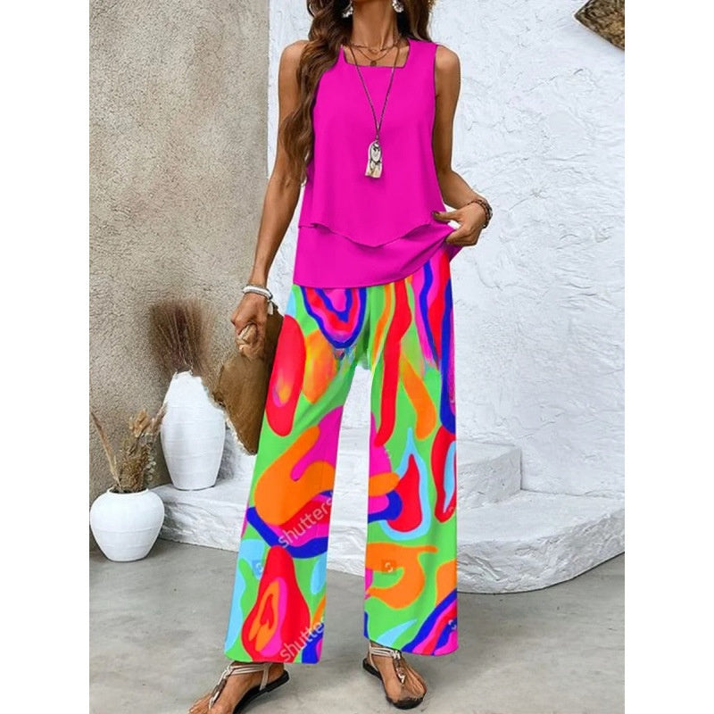 Women Sleeveless Floral Print Vest and Pants Set