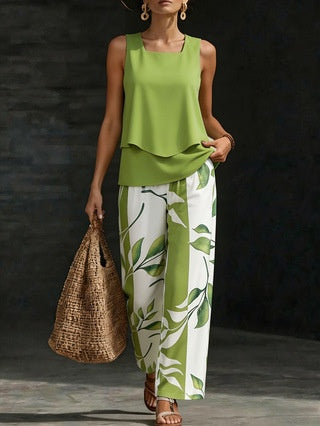 Women Sleeveless Floral Print Vest and Pants Set