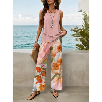 Women Sleeveless Floral Print Vest and Pants Set