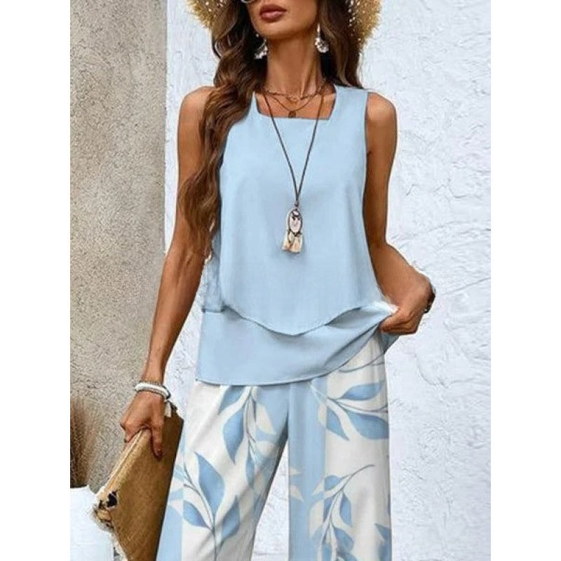 Women Sleeveless Floral Print Vest and Pants Set