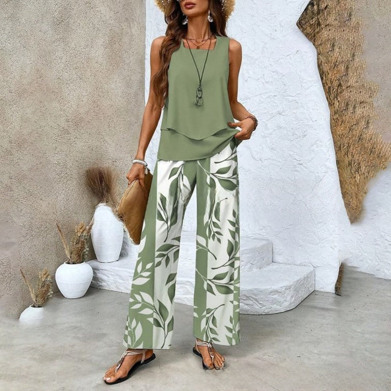 Women Sleeveless Floral Print Vest and Pants Set