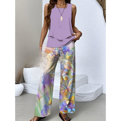 Women Sleeveless Floral Print Vest and Pants Set