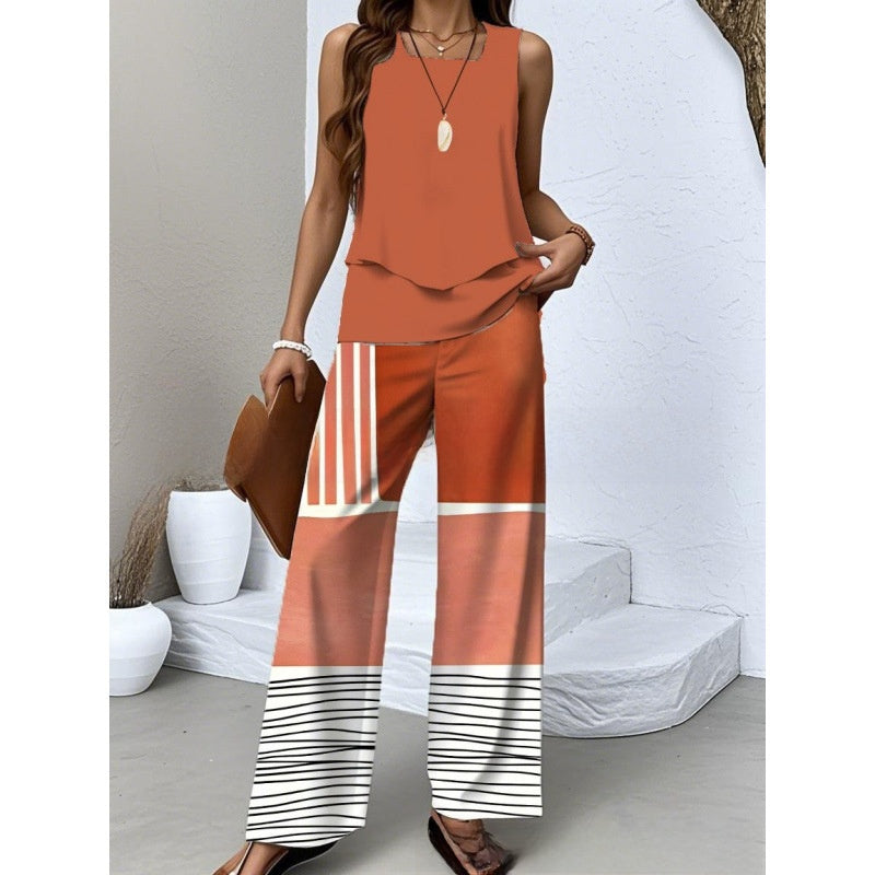 Women Sleeveless Floral Print Vest and Pants Set