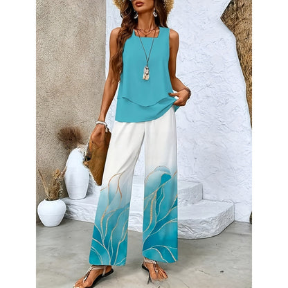 Women Sleeveless Floral Print Vest and Pants Set