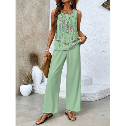 Women Sleeveless Floral Print Vest and Pants Set