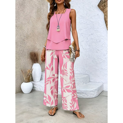 Women Sleeveless Floral Print Vest and Pants Set