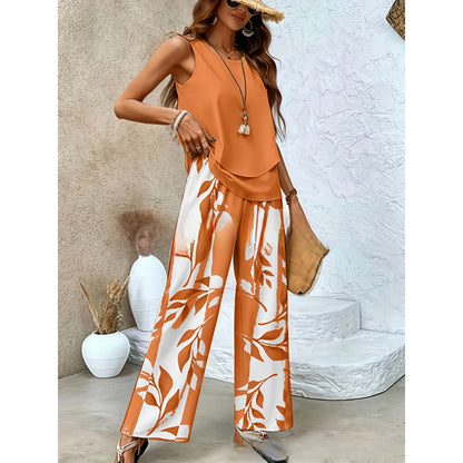 Women Sleeveless Floral Print Vest and Pants Set