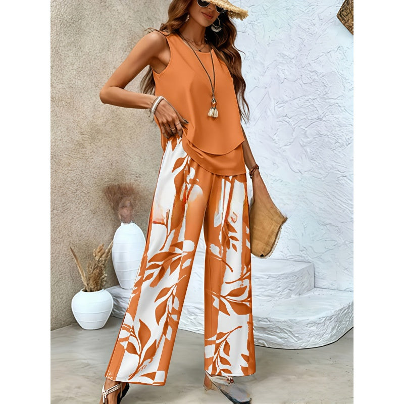 Women Sleeveless Floral Print Vest and Pants Set