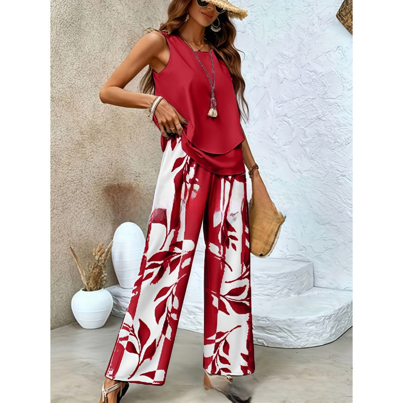Women Sleeveless Floral Print Vest and Pants Set