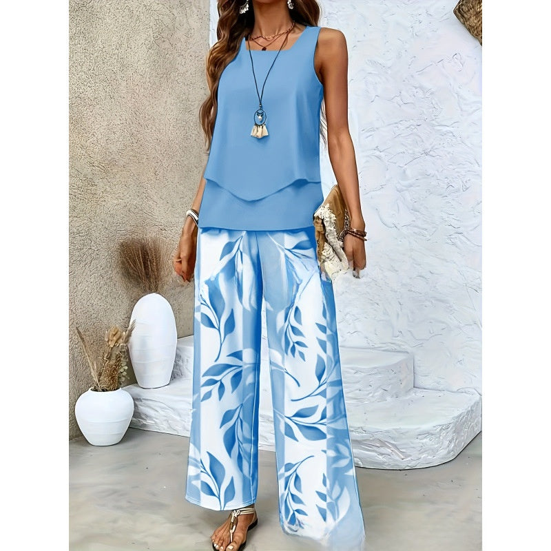 Women Sleeveless Floral Print Vest and Pants Set