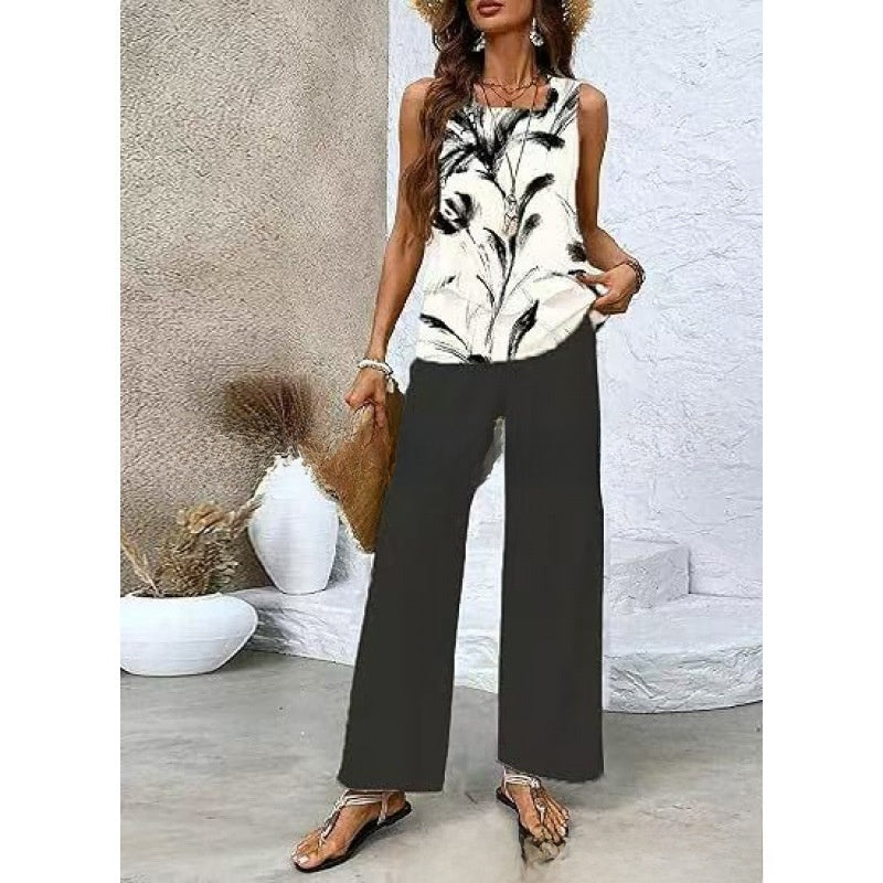 Women Sleeveless Floral Print Vest and Pants Set