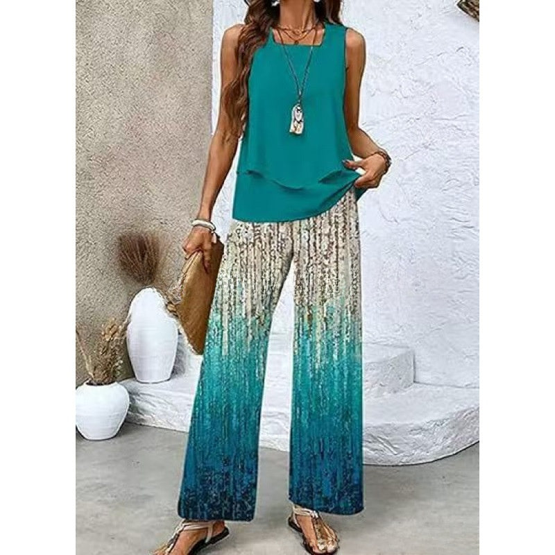 Women Sleeveless Floral Print Vest and Pants Set