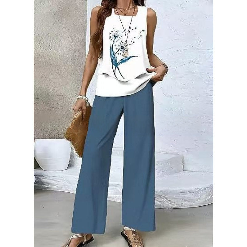 Women Sleeveless Floral Print Vest and Pants Set