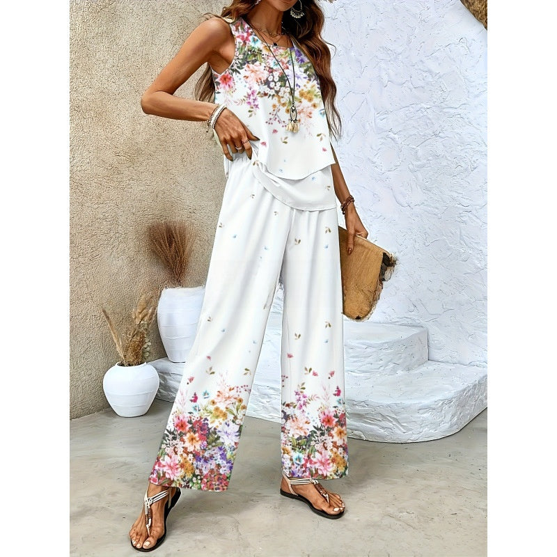 Women Sleeveless Floral Print Vest and Pants Set