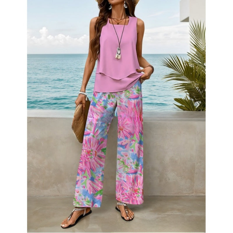Women Sleeveless Floral Print Vest and Pants Set