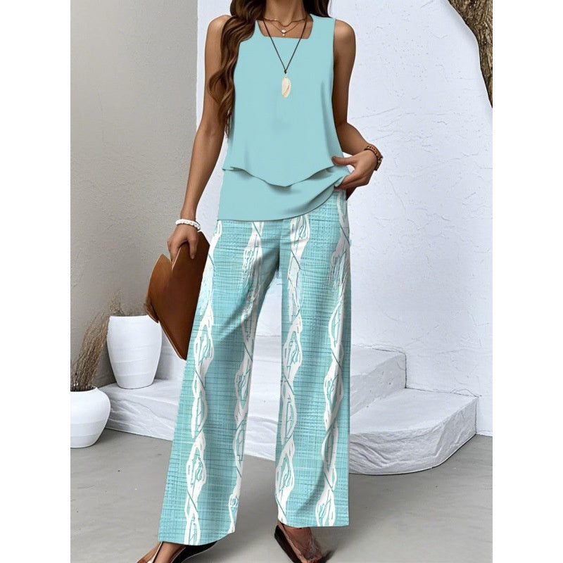 Women Sleeveless Floral Print Vest and Pants Set
