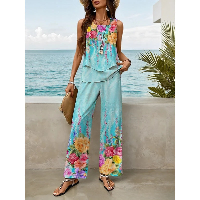 Women Sleeveless Floral Print Vest and Pants Set