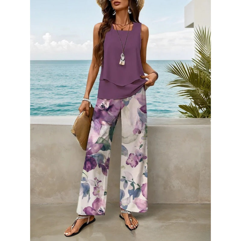 Women Sleeveless Floral Print Vest and Pants Set