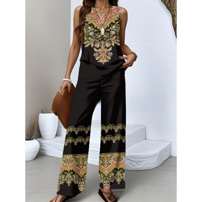 Women Sleeveless Floral Print Vest and Pants Set