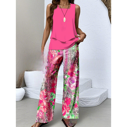 Women Sleeveless Floral Print Vest and Pants Set