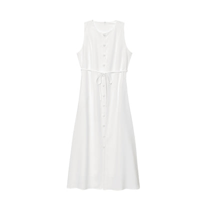 Women Sleeveless Waist Slim Button Dress