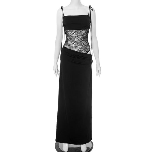 Women Solid Color Spaghetti Strap Lace Slim Fit Patchwork Dress