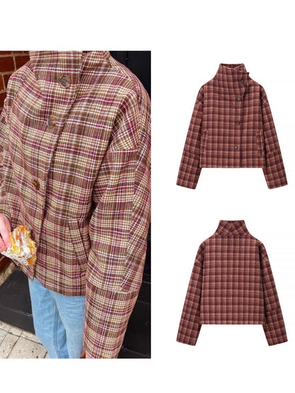 Women Stand Collar Wool Plaid Jacket