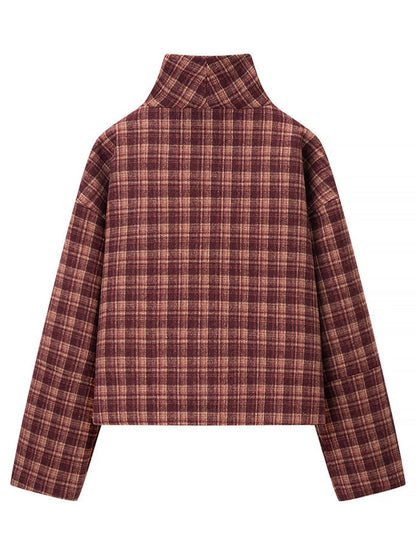 Women Stand Collar Wool Plaid Jacket