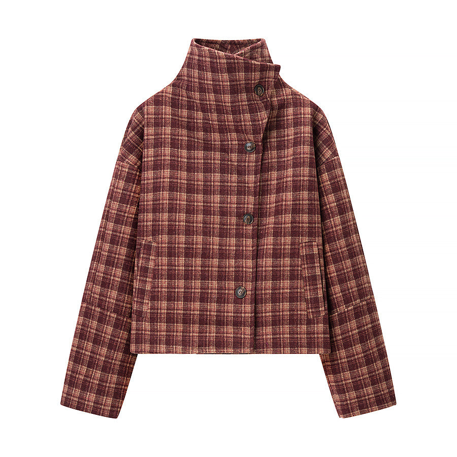 Women Stand Collar Wool Plaid Jacket