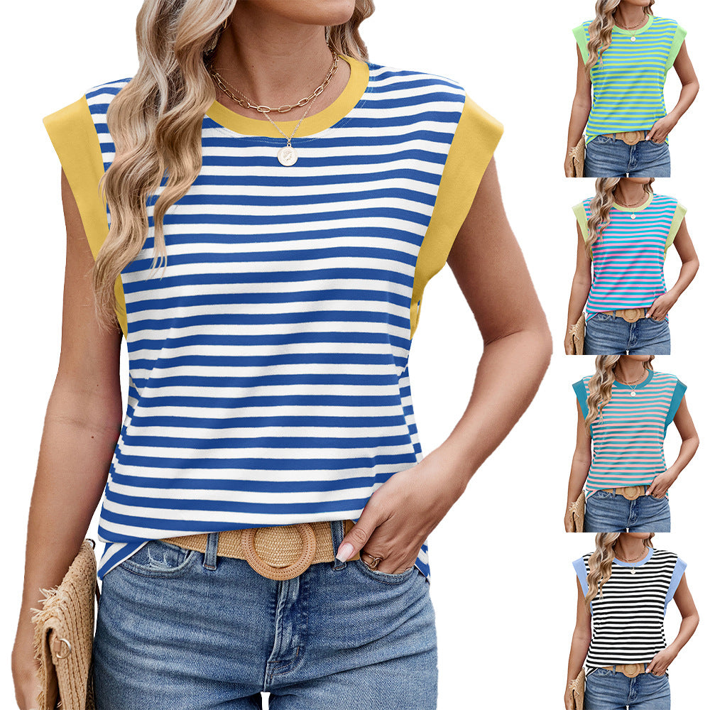 Women Striped Color Contrast Round Neck Loose Short Sleeve Tshirt