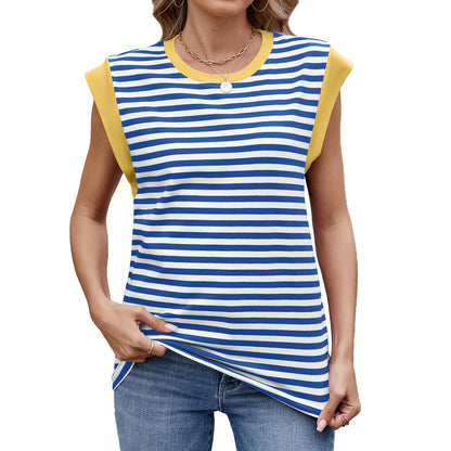 Women Striped Color Contrast Round Neck Loose Short Sleeve Tshirt